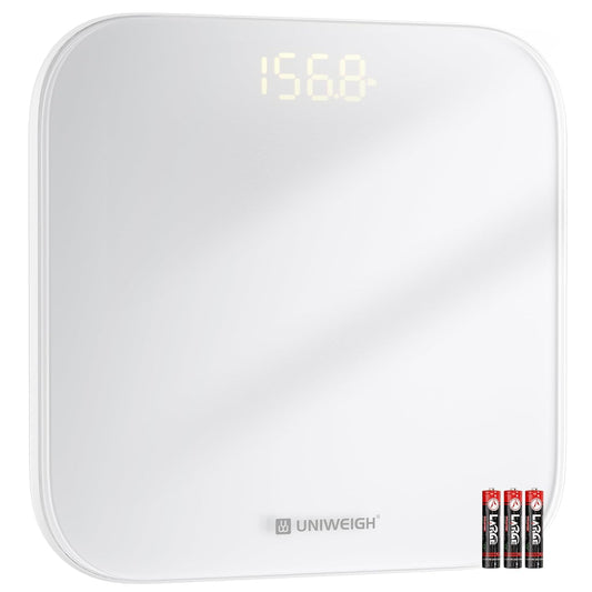 Digital Bathroom Scale for Body Weight,Accurate Weight Scale up to 440lbs,Body Scales with Sturdy Tempered Glass,with LED Display,Step-on,Compact Size,3 Units and Batteries inclued,White