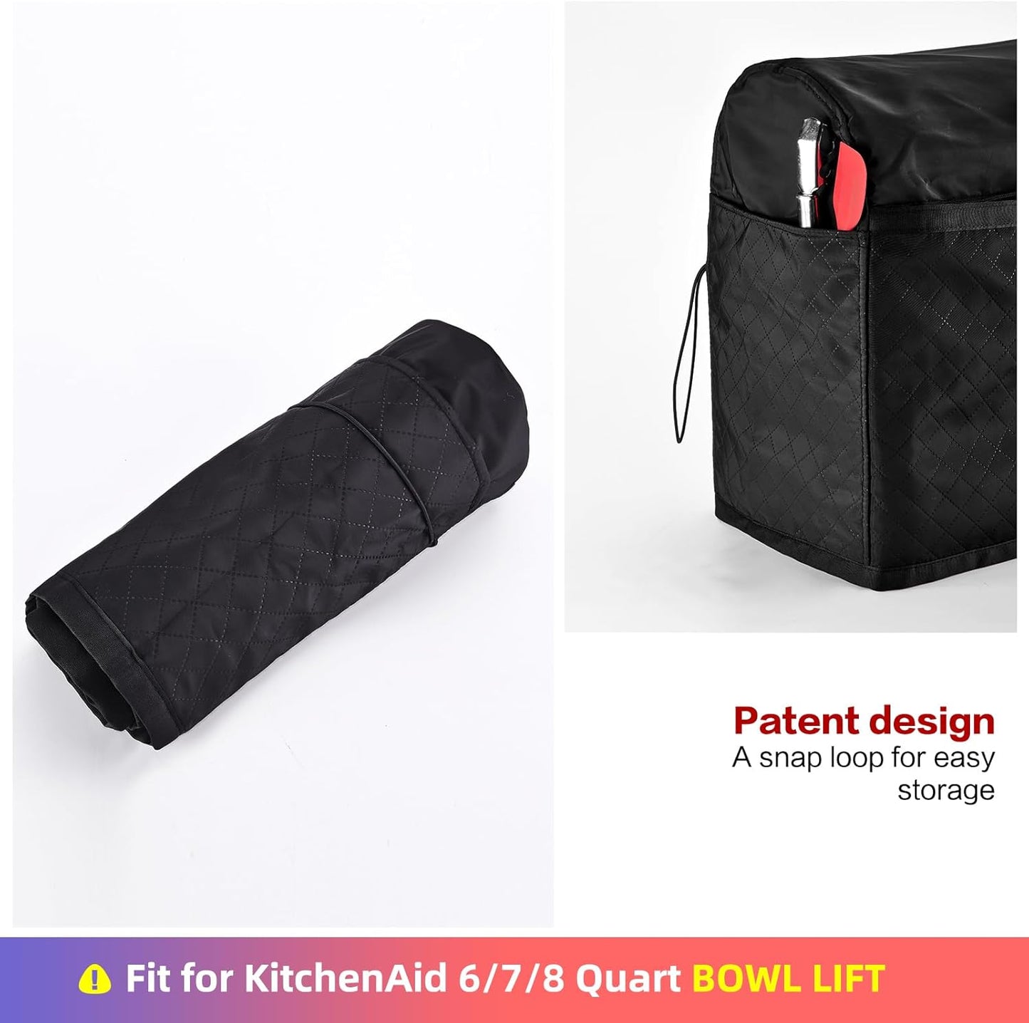 HOMEST Stand Mixer Quilted Dust Cover with Pockets Compatible with KitchenAid 6/7/8 Quart Bowl Lift, Black(Patent Design)