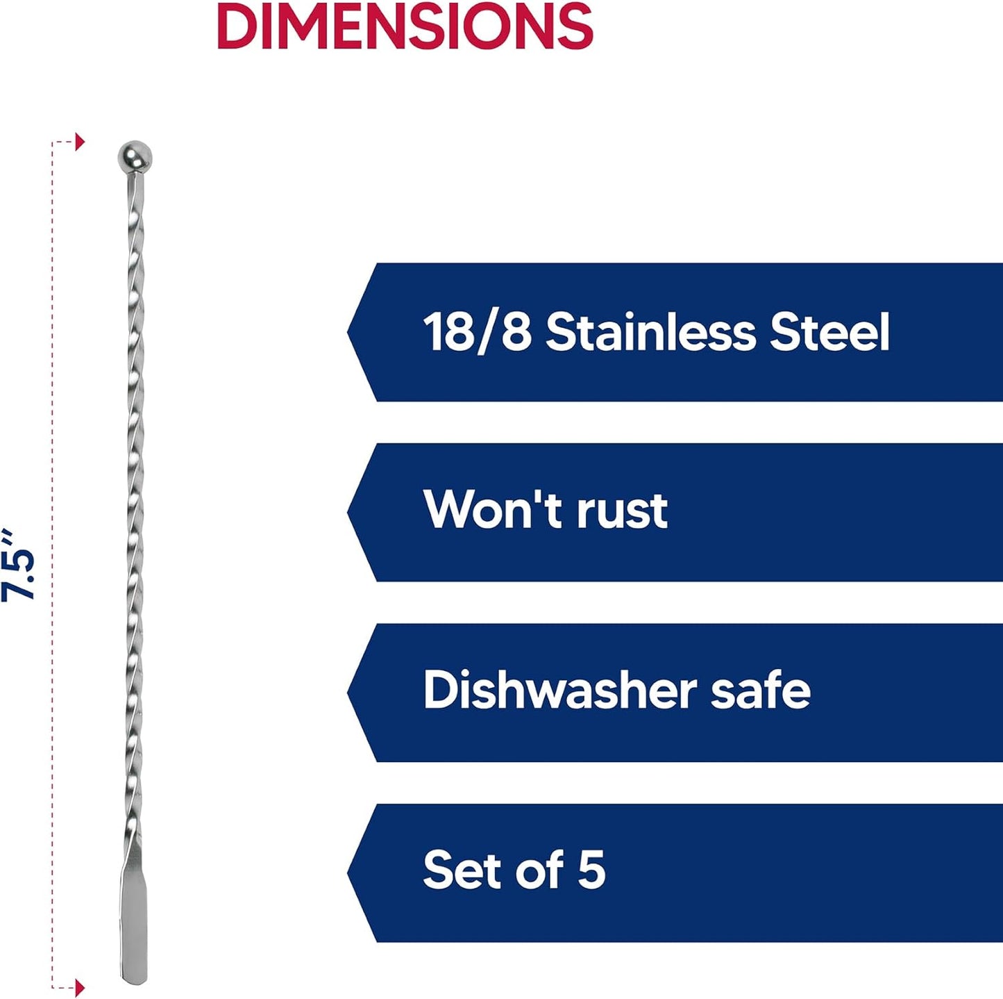 HIC Kitchen Reusable Swizzle Sticks, 18/8 Stainless Steel, Set of 5