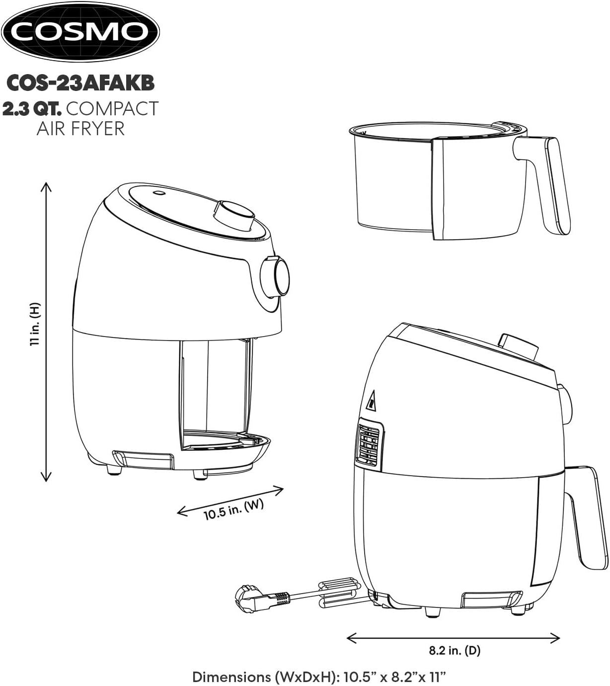 COSMO COS-23AFAKB 2.3 Quart Electric Small Air Fryer with Temperature Control, Timer, Auto Shut-Off, Non-Stick Frying Tray, 1000W Compact Mini Air Fryer (2.3 Quarts, Stainless Steel/Black)