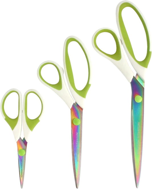 BambooMN Titanium Softgrip Scissors Set for Sewing, Arts, Crafts, Office - 3 Sets of 3 - White w/Green Inlays
