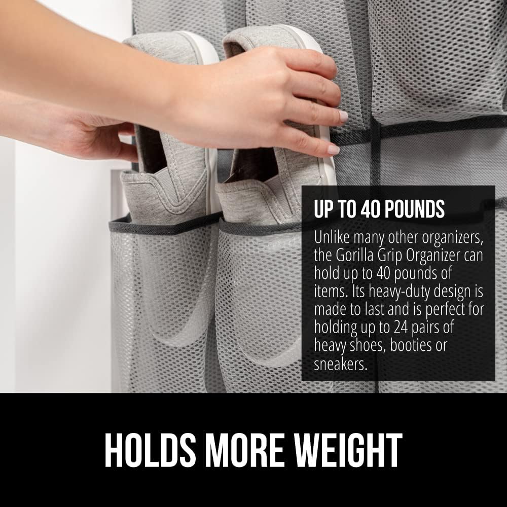 GORILLA GRIP Over the Door Shoe Organizer, 12 Large Breathable Mesh Pockets, Space Saving Hanging Storage Holder, 2 Hook Closet Rack Hanger, Hangs on Closets for Shoes, Accessories, 64H x 9.5W Gray