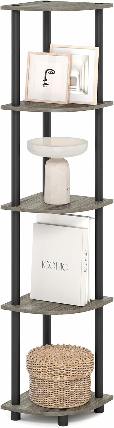 Furinno Turn-N-Tube Corner Shelf, 5-Tier Corner Bookshelf, Open Storage Shelves, for Organization and Storage, Living Room, Home Office, Garage, Bedroom, Grey Oak