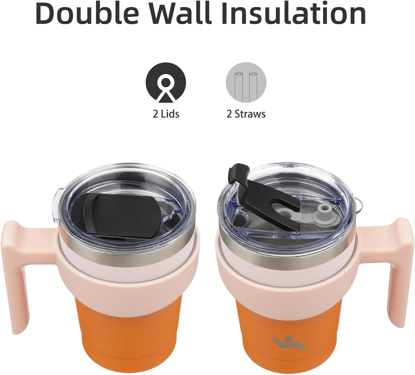 10 oz Tumbler with Handle and 2 Straw 2 Lid, Insulated Water Bottle Stainless Steel Vacuum Cup Reusable Travel Mug,Coral