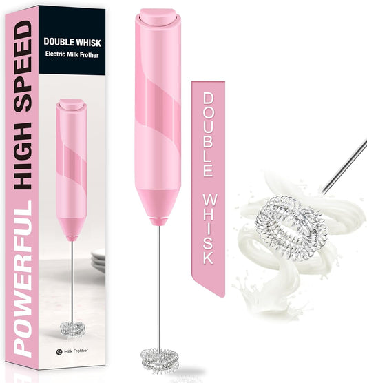 Double Whisk Milk Frother, Handheld Electric Blender stick, Drink Mixer with Food Grade Stainless Steel Stirrer, Battery Operated Foam Maker for Coffee, Cappuccino, Matcha,Hot Chocolate Latte, in Pink