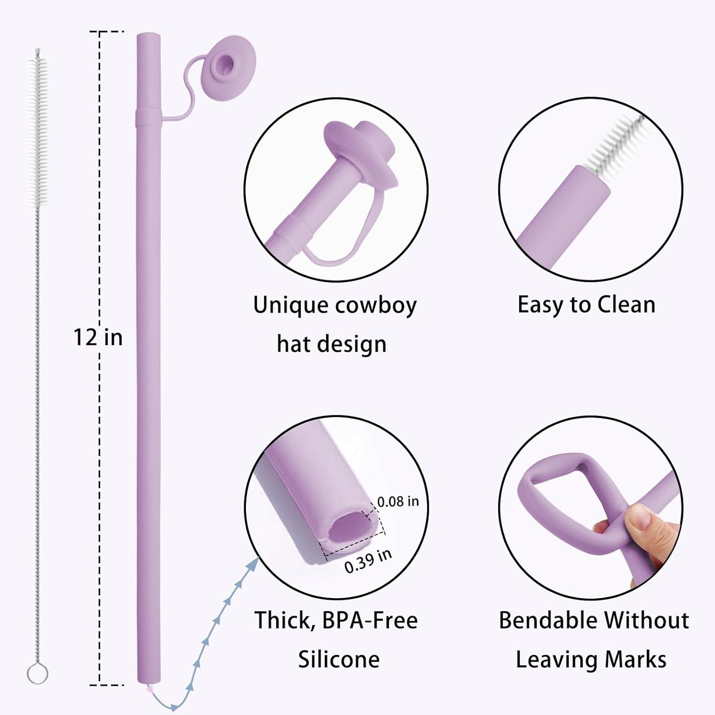 4 PCS Reusable 12 inch Long Silicone Straws with Cowboy Straws Cover Cap for Stanley Cup 40 oz 30 oz 20 oz, Stanley Tumbler Accessorie (White,Green,Purple,Blue)