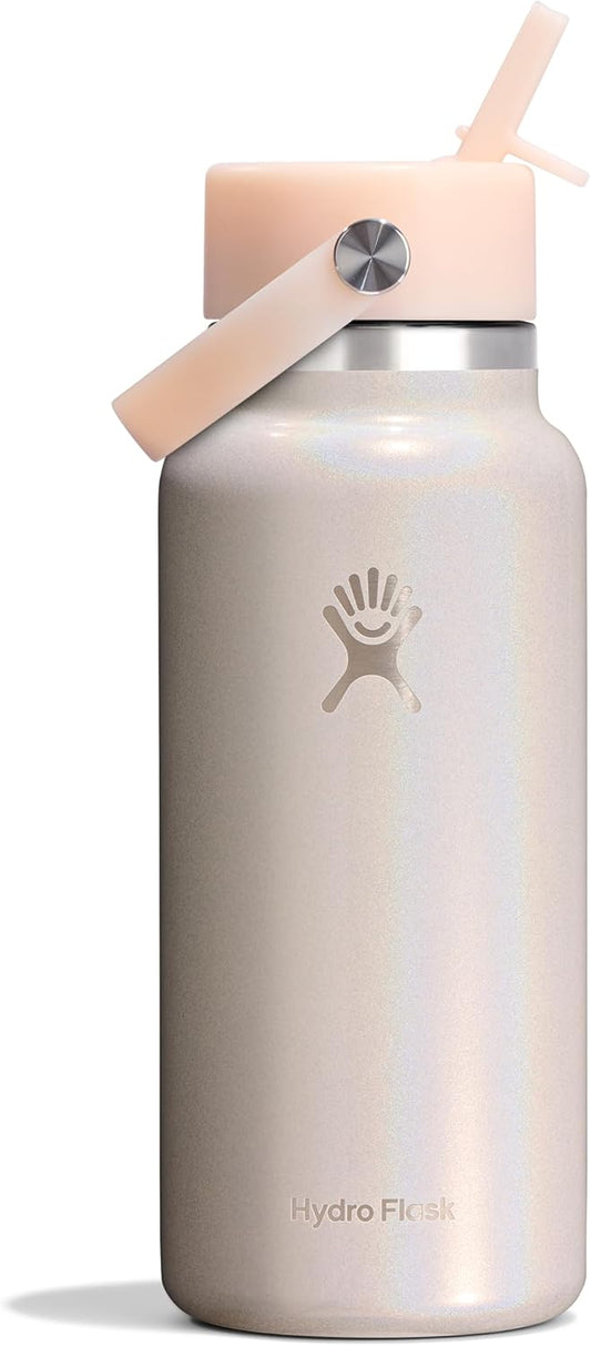 Hydro Flask Water Bottle - Insulated Stainless Steel - Wide Mouth Flex Straw Lid, Non-Spill, Leakproof and Refillable in 32 Oz Glimmer Cream