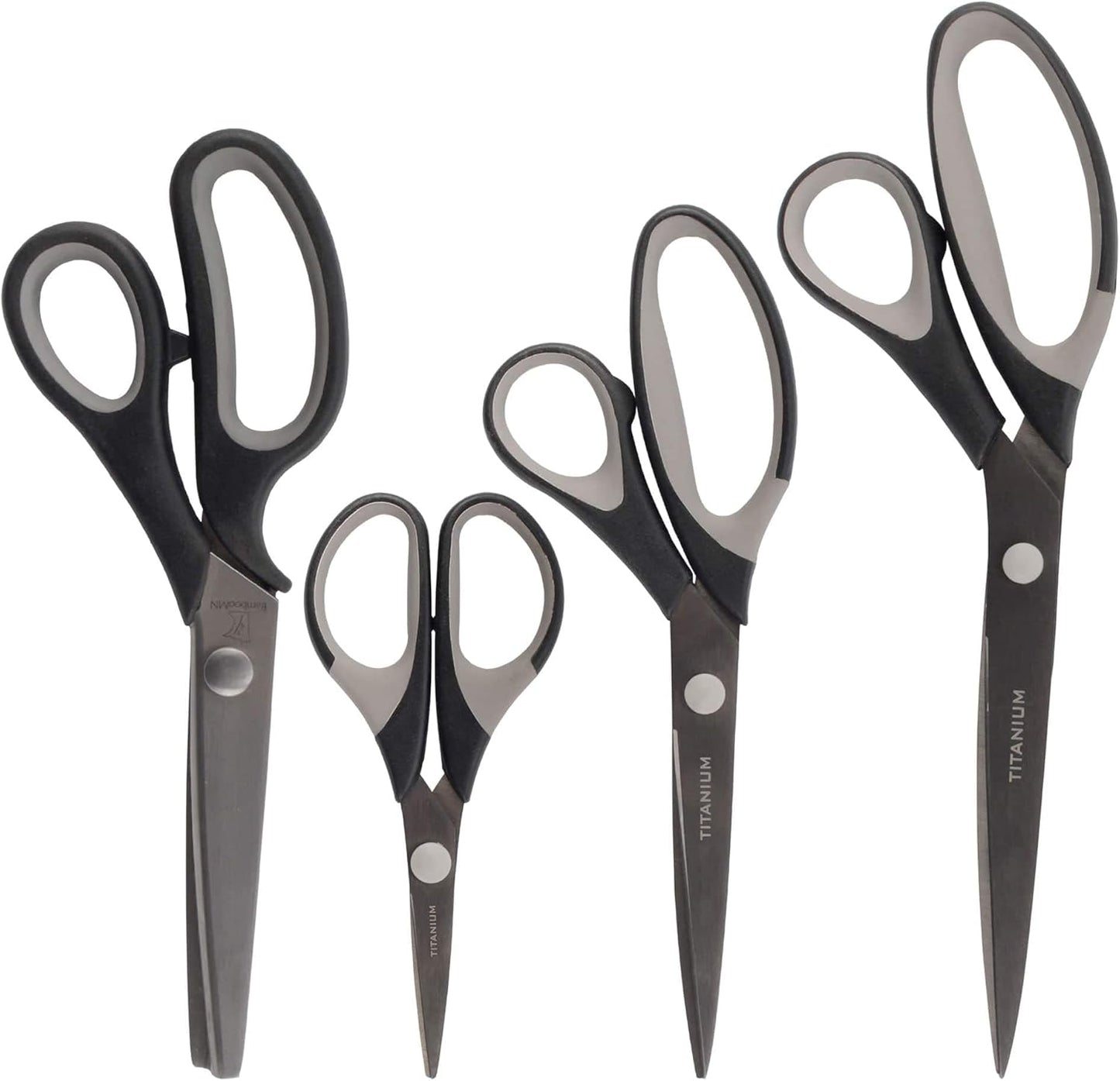 BambooMN Titanium Softgrip Scissors Set - Pinking, Sewing, Arts, Crafts, Office - 30 Sets of 4 - Black w/Grey