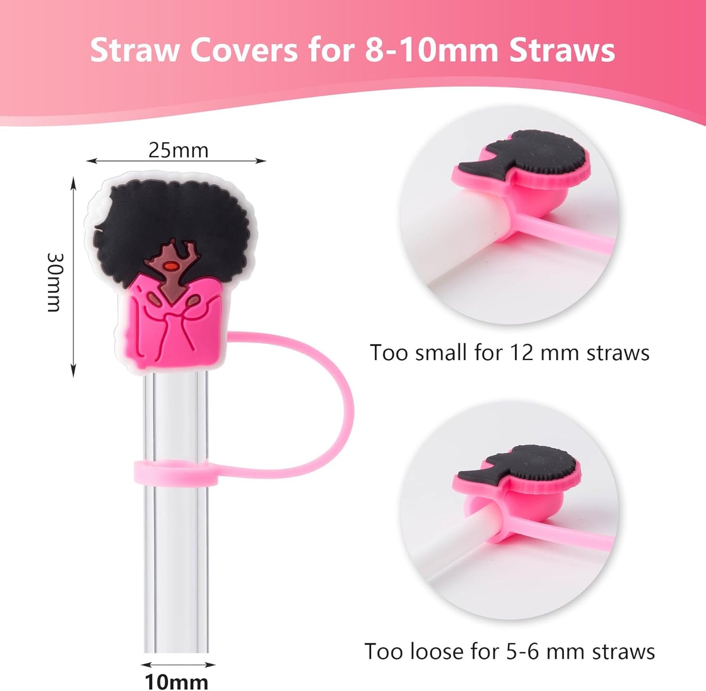 6Pcs Black Girl Straw Cover Cap for Stanley Cup Accessories, 10mm Cute Pink Drinking Straw Topper for 40oz 30oz Stanley Tumbler, Dust-Proof Reusable Straw Tips Gifts for Women