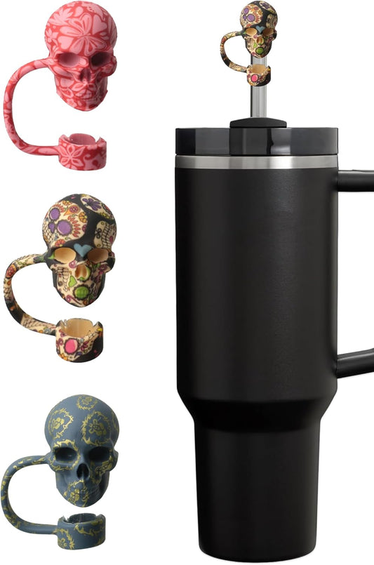 Skull Straw Cover Caps for Halloween Stanley Cup - 3 Pcs Silicone Straw Toppers Cool 10mm Straws Accessories Day of the Dead Gift for Boys