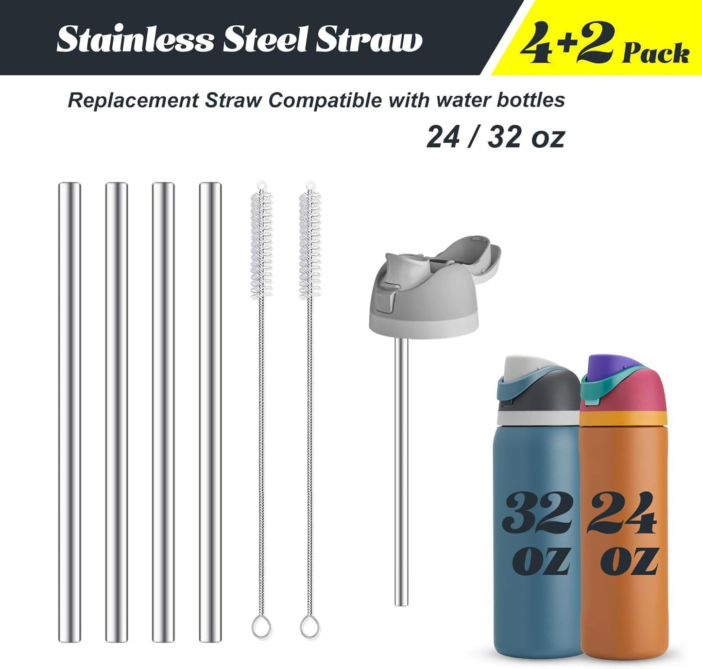 4Pcs Replacement Stainless Steel Straws Compatible with Owala Water Bottle 24oz 32oz Reusable Straws with 2 Cleaning Brushes Metal Straw Replacement Compatible with Owala Freesip (21cm for 24-32oz)