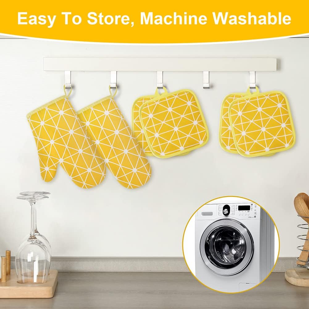 AUAUY Oven Mitts and Potholders BBQ Gloves-Oven Mitts and Pot Holders with Recycled Infill Silicone Non-Slip Cooking Gloves for Cooking Baking Grilling (6-Piece Set,Yellow)