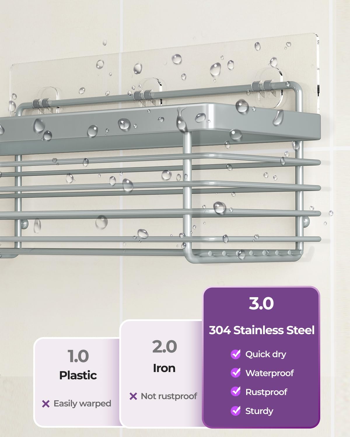 ODesign Shower Caddy 3 Pack SUS304 Stainless Steel-No Drilling-Shower Bathroom Shelves Rack,Rustproof Wall Mounted,Adhesive Shower Shelf Basket Organizer-Grey
