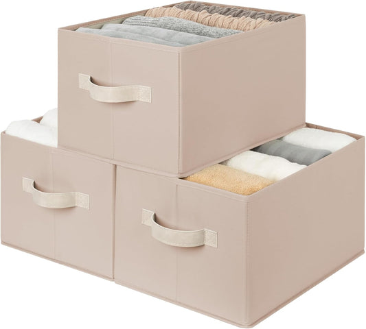 StorageWorks Storage Baskets for Shelves, Foldable Fabric Closet Storage Bins with Handles, Fabric Storage Bins Clothes Organizer, Light Brown, 3-Pack, Large