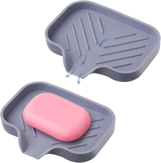 2 Pcs Grey Silicone Self Draining Rectangular Soap Dishes - Waterfall Soap Trays - Soap Dishes for Bar Soap - Soap Boxes - Soap Case - Soap Container - Soap Pads - Kitchen Sink - Shower - Bathroom