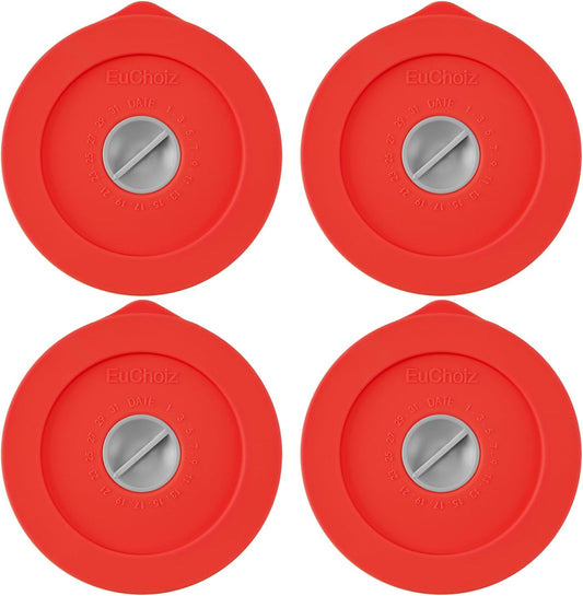 Replacement Lids for Pyrex 7202-PC 1 Cup, Silicone Round Storage Cover Lid for Anchor Hocking Glass Bowl 4 Pack with Date Mark Red