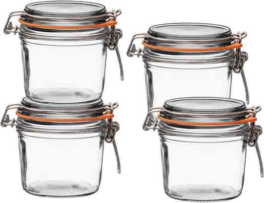 Le Parfait Super Terrine - 350ml French Glass Canning Jar w/Straight Body, Airtight Rubber Seal & Glass Lid, 12oz (Pack of 4) Stainless Wire
