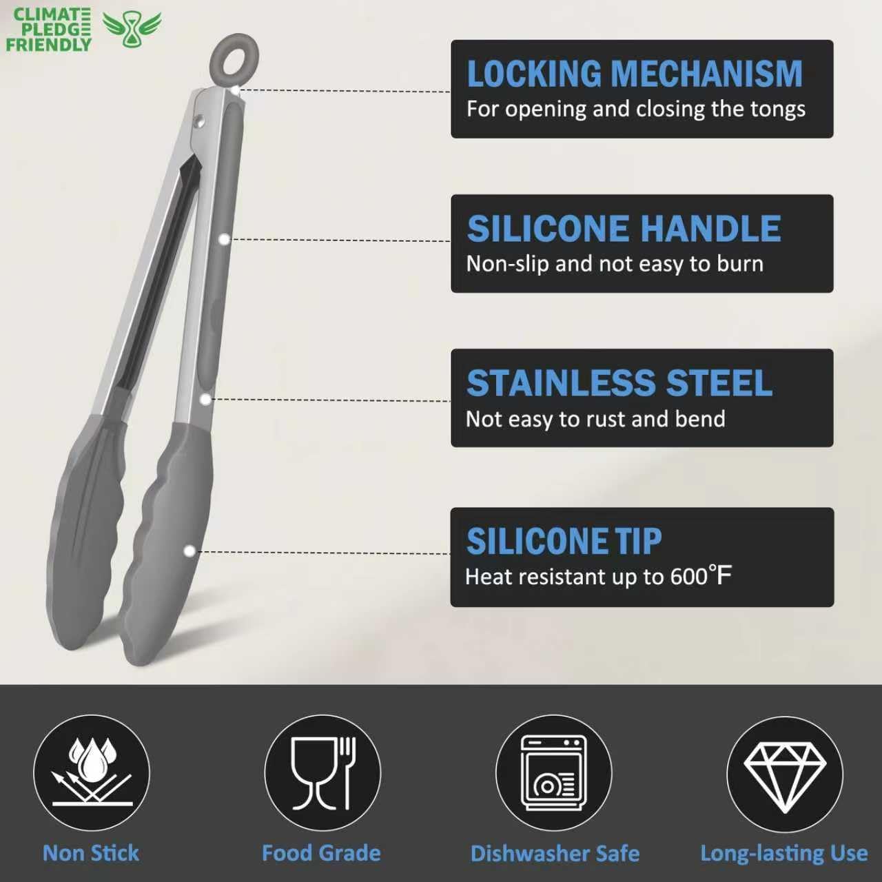 Kitchen Tongs, Stainless Steel Silicone Tongs for Cooking 600ºF High Heat-Resistant BBQ Grilling Locking Tongs, Set of 2-9" and 12" Light Grey