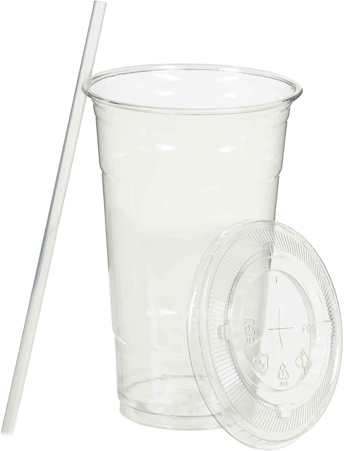 SafeWare Clear Disposable Plastic Cups 24oz with Flat Lids and Straws, Togo Disposable Iced Coffee Cups - Ideal for Party, Outdoor Picnic, BBQ, House Party, Restaurant Quality - 100 Sets