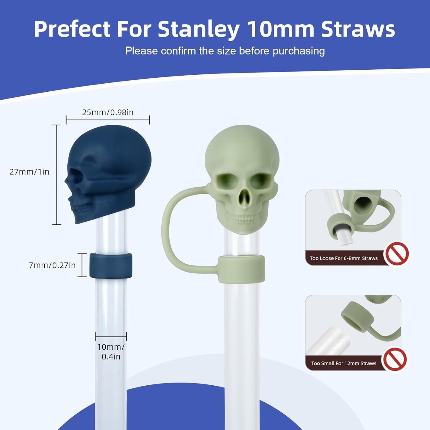 Straw Covers Cap Compatible with Stanley Cup 30 40oz with Handle - 6Pcs 10mm/0.4in Silicone Straws Toppers - Cute Funny Cool Skull Shape Straw Tumbler Accessories for Man & Woman - Reusable&Dust-proof