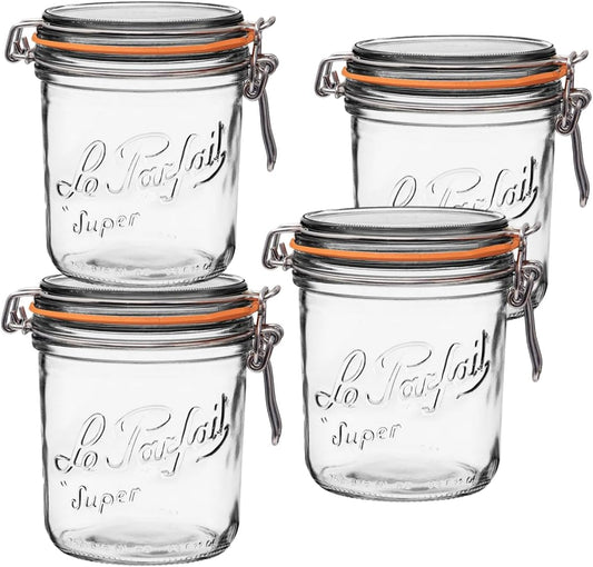 Le Parfait Super Terrine Jar | 24oz/Pint & Half (Pack of 4) 750ml French Glass Jar, Airtight Rubber Seal & Glass Lid | Glass Jars for Kitchen Organization and Storage Containers for Kitchen Essentials