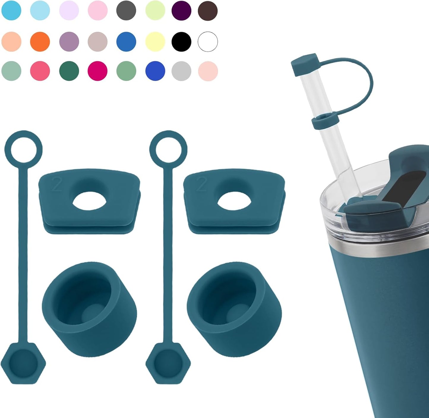 Silicone Spill Stopper Set Compatible with Stanley Cup 2.0 30oz & 40oz with Straw Cover (Set of 2, Blue Spruce)