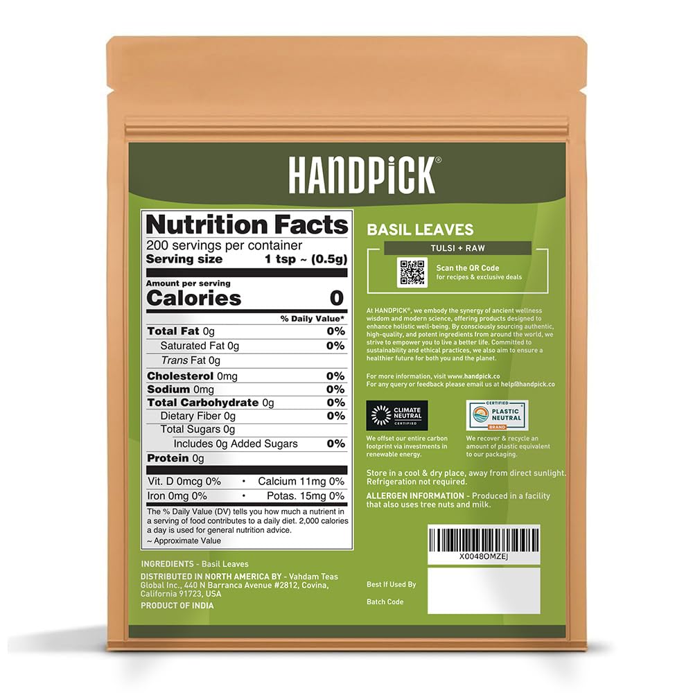 HANDPICK Dried Basil Leaves 40 Servings (100g/ 3.5oz) Non GMO, Gluten Free, 100% Raw Whole Tulsi Leaf, Sourced from India, Premium Quality, Packed in Resealable Ziplock Pouch