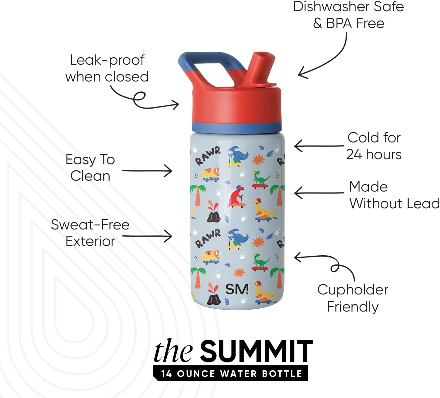 Simple Modern Kids Summit Water Bottle with Straw Lid | 14oz Stainless Steel Cup Insulated Tumbler for Toddlers, School | Rad Dino