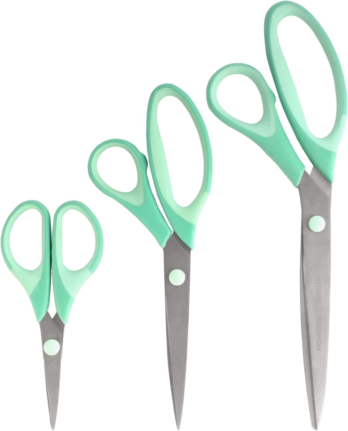 BambooMN Titanium Softgrip Scissors Set for Sewing, Arts, Crafts, Office - 3 Sets of 3 - Mint Green