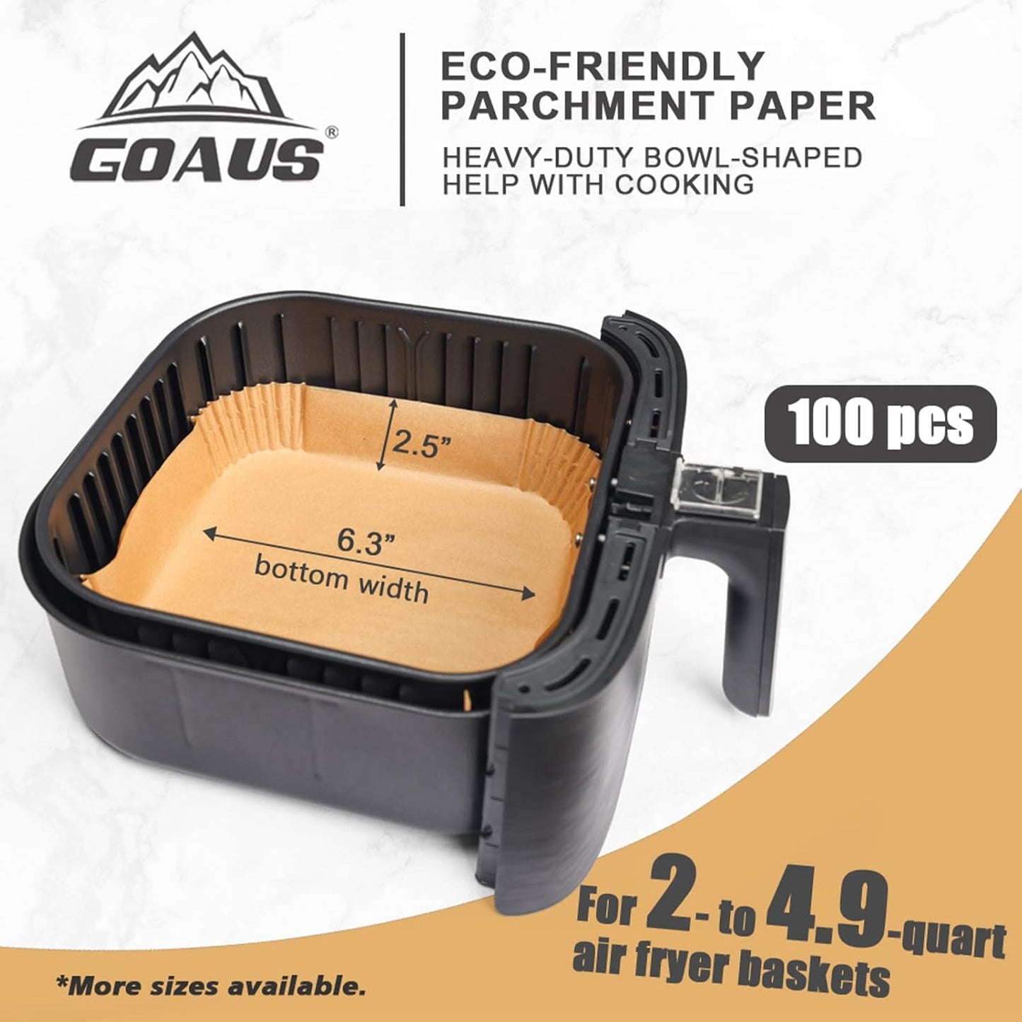 GOAUS Air Fryer 100pcs Square Paper Liners Disposable for 2 to 5 Qt Basket, 6.3 inch Unbleached Non-stick Oil-proof Parchment Paper