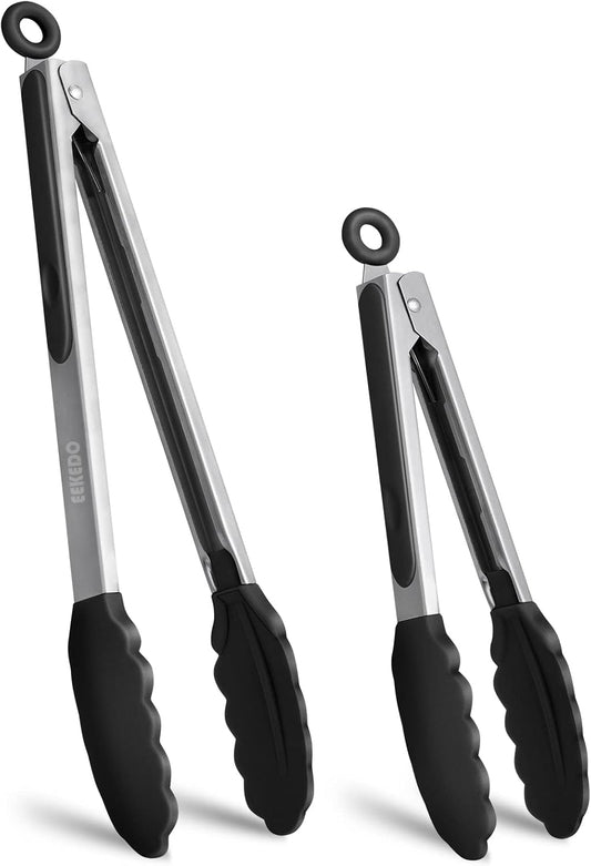 Kitchen Tongs, Stainless Steel Silicone Tongs for Cooking 600ºF High Heat-Resistant BBQ Grilling Locking Tongs, Set of 2-9" and 12" Black