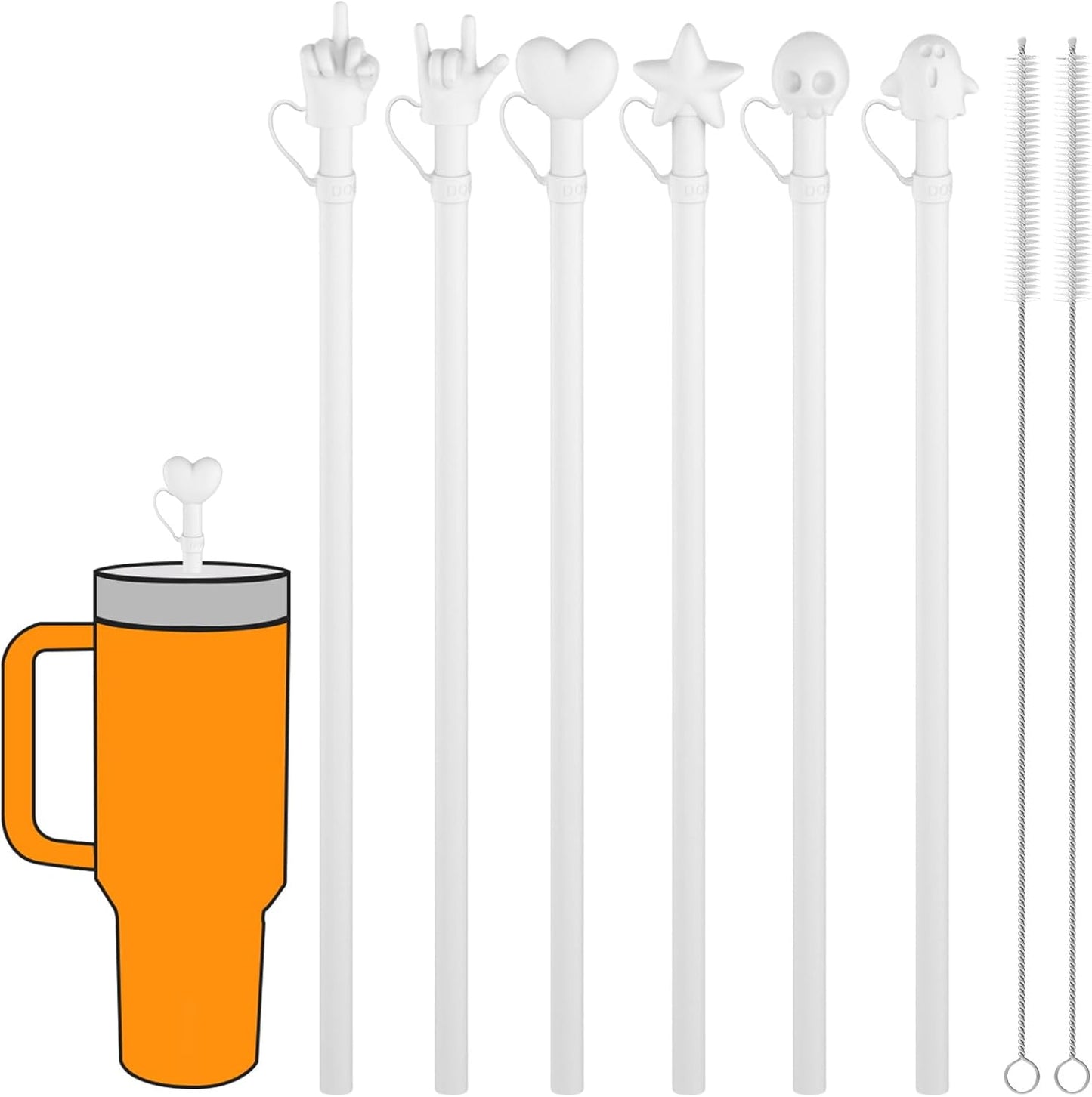 Halloween Party Favors 2025, Doboli Replacement 12 Inch Long Silicone Straw With Cover, Compatible with Stanley Owala 40 oz 30 oz Cup Tumbler, Funny 6 Pack Reusable Straw with Cleaning Brush