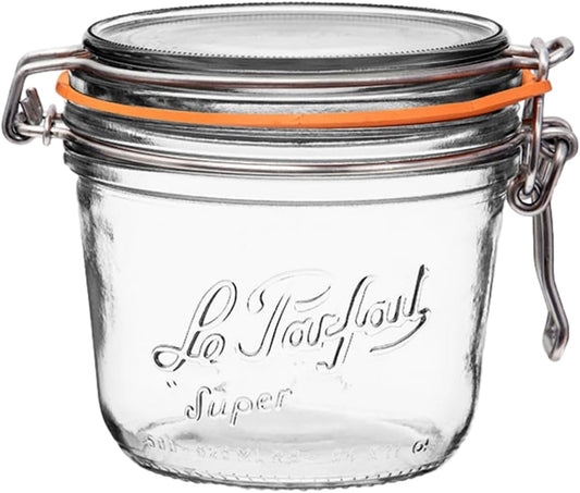 Le Parfait Super Terrine - 500ml French Glass Canning Jar w/Straight Body, Airtight Rubber Seal & Glass Lid, 16oz/Pint (Single Jar) Stainless Wire
