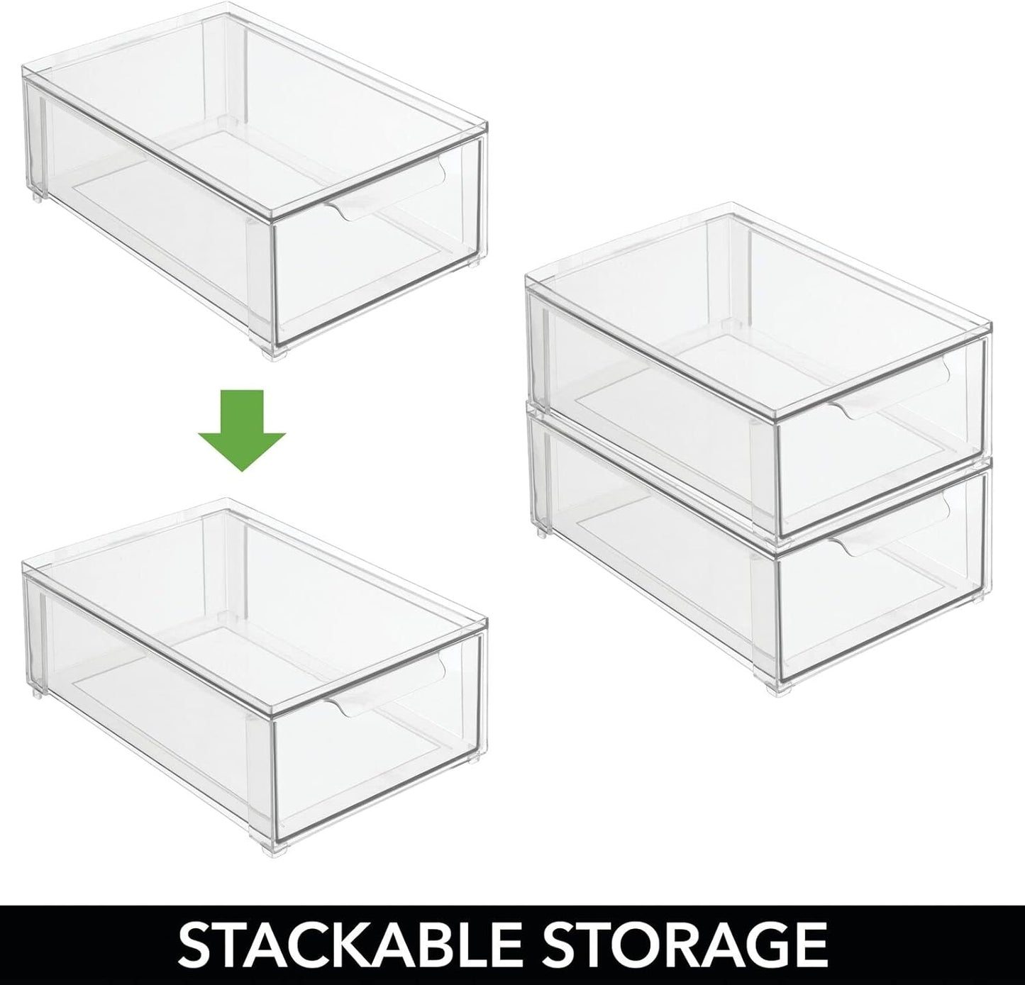 mDesign Plastic Stackable Closet Storage Organizer Bin Containers with Front Pull Drawer for Cabinet, Desk, Shelf, Cupboard, or Dresser Organization - Lumiere Collection - Set of 3 - Clear