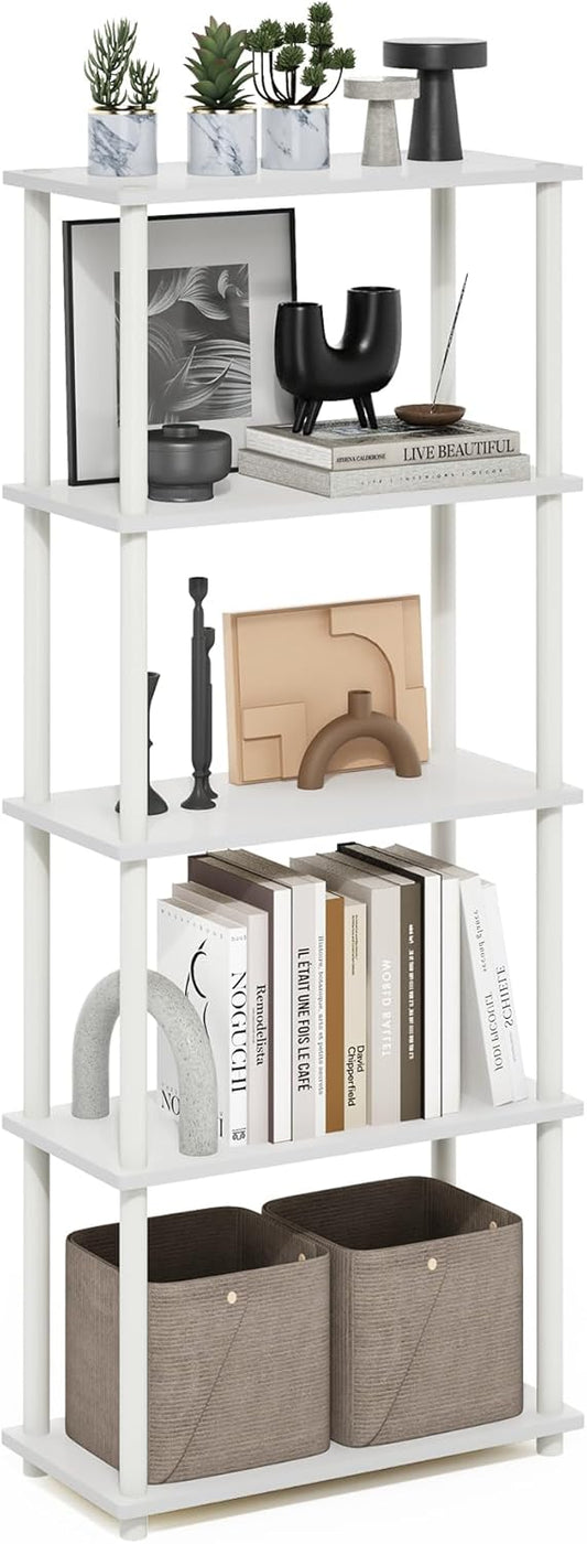 Furinno TURN-N-TUBE Storage Shelves, 5-Tier Book Shelf, Corner Shelf, Toolless Open Shelves, for Organization and Storage, Living Room, Garage, Home Office, White