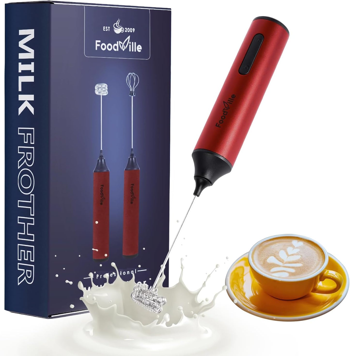 MF05 Rechargeable Milk Frother USB Charging Handheld Foam Maker with Stainless Balloon Whisk for Cappuccino, Latte, Bulletproof Coffee, Keto Diet, Protein Powder, Matcha (Red)