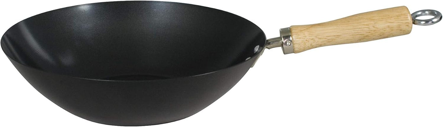 Dexam 12108411 Non Stick Carbon Steel Wok With Wood Handle 27cm/10.5 -inch, Black (Non-stick Coating)