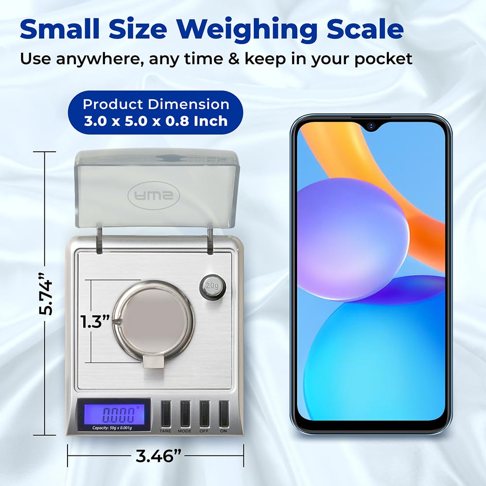 AWS Gemini-50 Milligram Scale 50g x 0.001g – Digital Jewelry/Lab Scale for Powder, Gold, Gems – Includes Calibration Weights, Tweezers & Tray – Tare, Cal, 6 Units, Pocket Size Mg Scale (Silver)