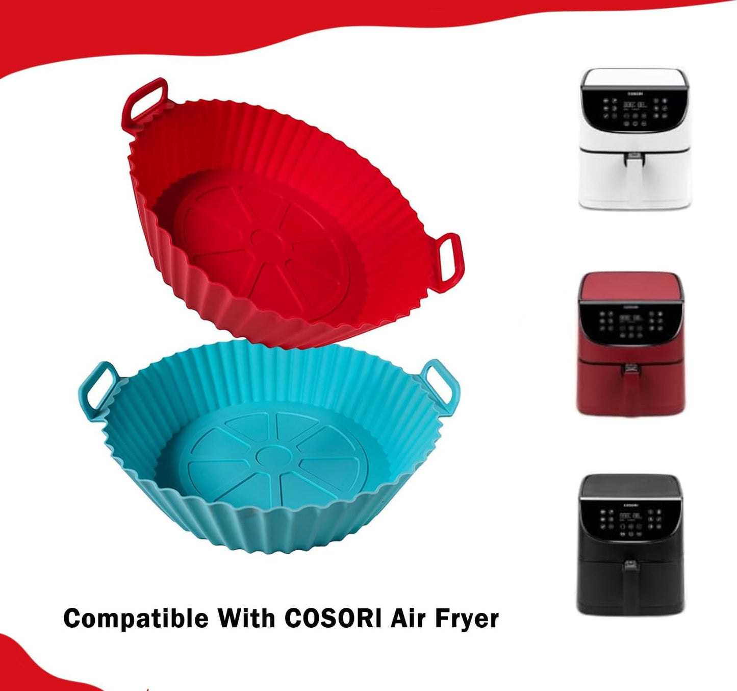 2 Pack,Air Fryer Silicone Liners Compatible With COSORl Air Fryer Or 5 QT Or Bigger (Red+Blue)