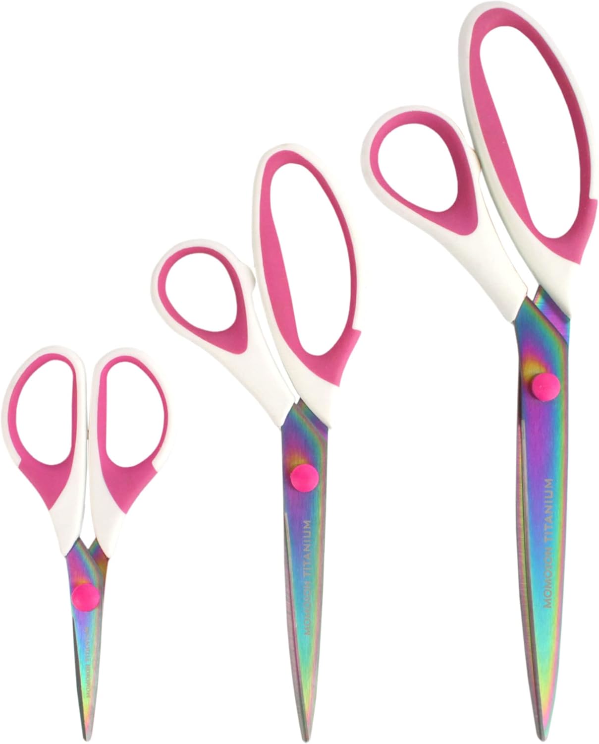 BambooMN Titanium Softgrip Scissors Set for Sewing, Arts, Crafts, Office - 1 set of 3 - White w/Pink Inlays