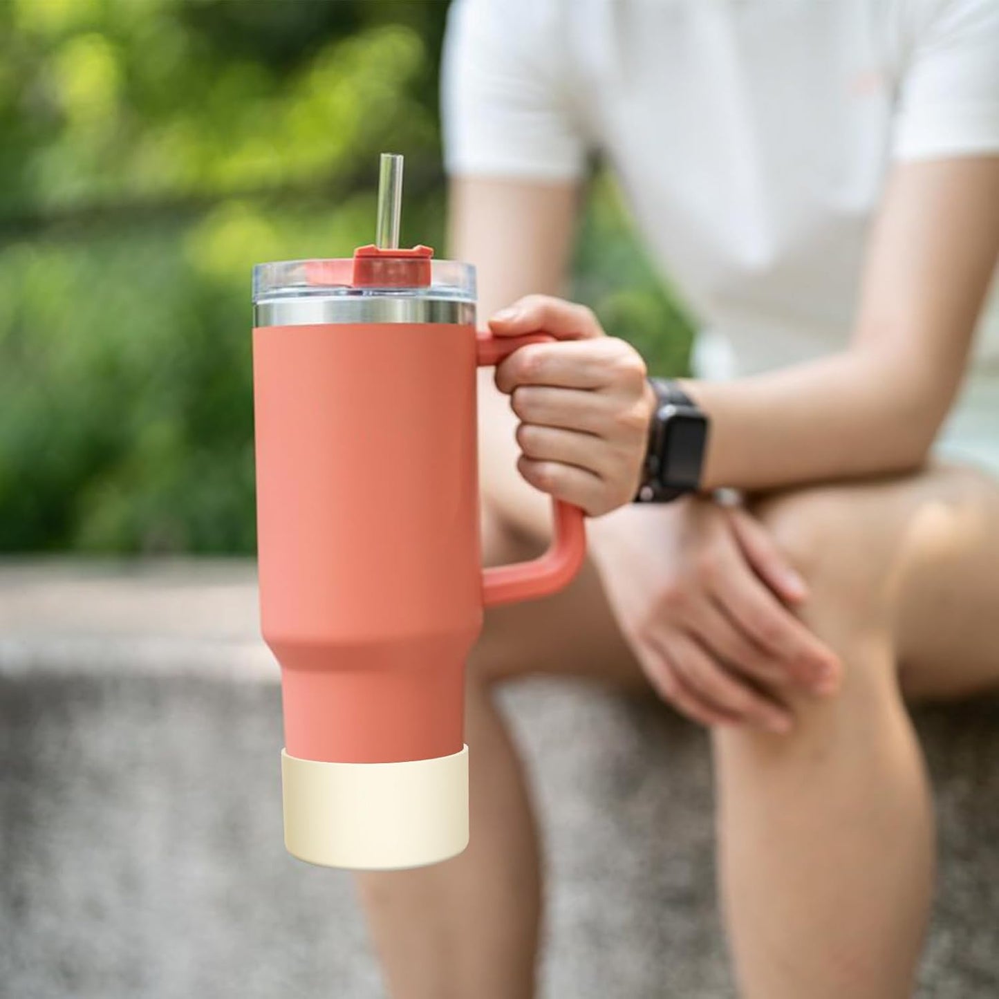 Upgrade 2PCS Protective Silicone Boot Bumper for Stanley Quencher Adventure 40oz 30oz IceFlow 20oz 30oz Tumbler, Water Bottle Bottom Sleeve Cover Accessories for Stanley Mug Cup(Cream)