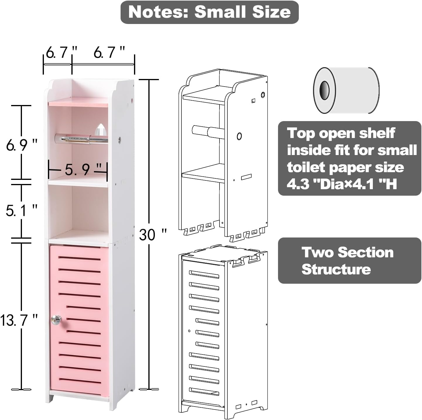 AOJEZOR Toilet Paper Holder Stand: Small Bathroom Storage Cabinet - Jelly Pink - White