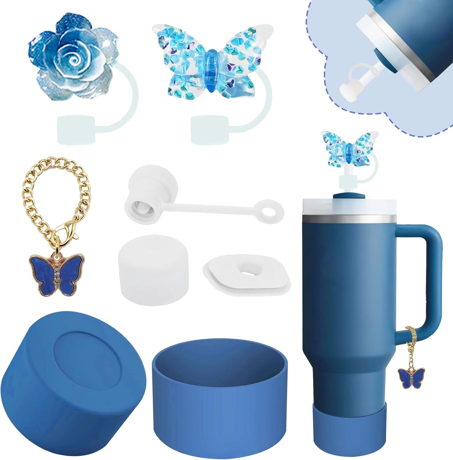 Stanley Cup Accessories Set,Including 2 Pcs 0.4in Straw Cover, 1 Silicone Spill-Proof Stopper Set of 3, 1 Cute Butterfly Handle Charm, 1 Silicone Boot Fits Stanley 40&30 Oz Tumbler (Stargaze)