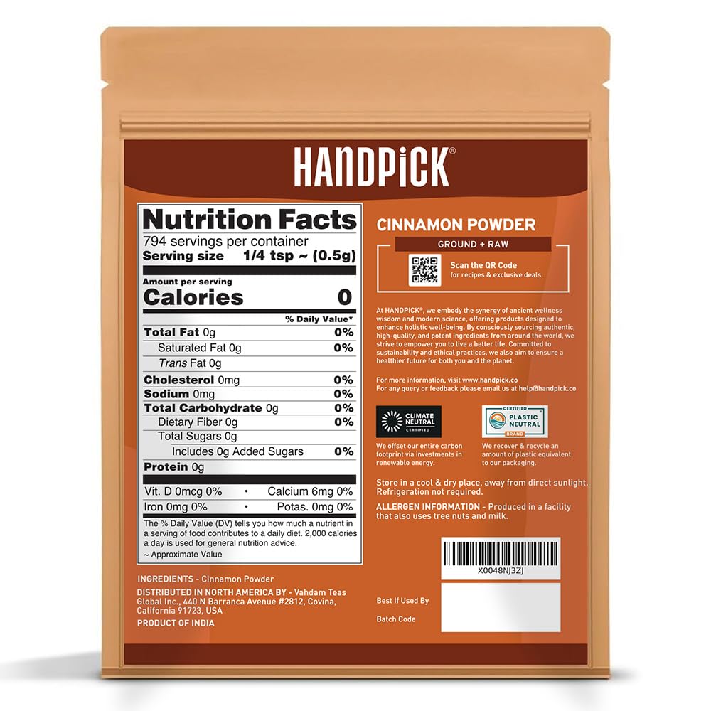 HANDPICK, Cinnamon Powder (397g/14oz) Non GMO, Gluten Free, 100% Raw, Sourced from South India, For Cooking, Smoothies, Lattes, Tea, Packed in Resealable Ziplock Pouch