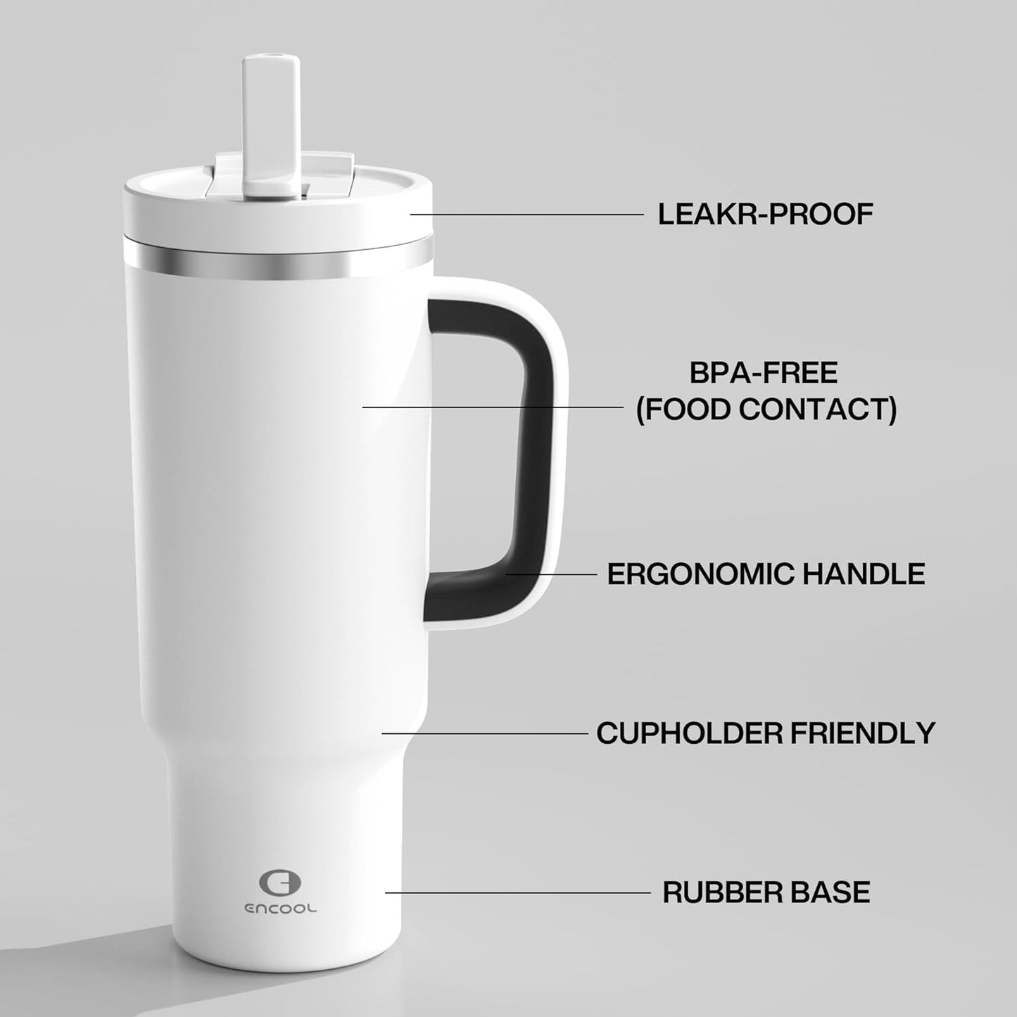 40 oz Tumbler with Handle and Straw: Stainless Steel Insulated Tumbler Keeps Cold for 24 Hours, Leakproof Travel Cup Fits in Cup Holder and BPA-Free, Polar White