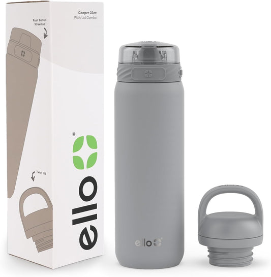 Ello Cooper 22oz Stainless Steel Water Bottle with 2 Lids Chug and Straw | Leak Proof Double Walled and Vacuum Insulated | Fits Car Cupholder | Built in Carry Loop | Dishwasher Safe | Gray