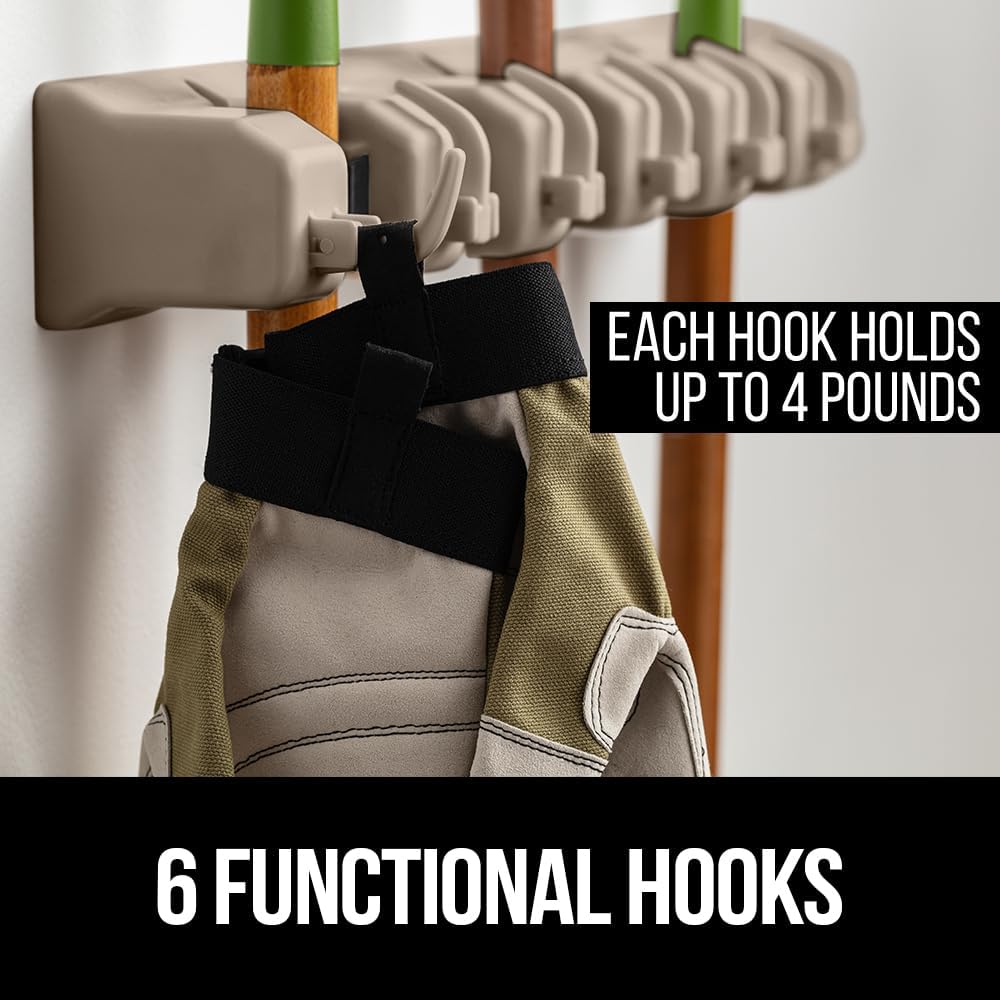 GORILLA GRIP Wall Mount Hook Fixture, Also Includes Slots to Hold Mop, Broom, Tools, Easy Install, Organize Cleaners, Tools, Home, Kitchen, Garage, 6 Hooks 5 Slots, Beige