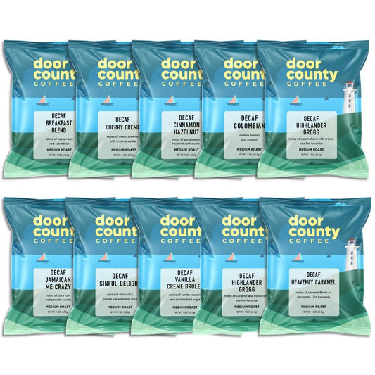 Gourmet Flavored Decaf Coffee Sampler Pack - 10 Bags of Unique Flavored Coffees – 100% Specialty Grade 1 Arabica -1.5 oz Full-Pot Bags - Roasted by Door County Coffee
