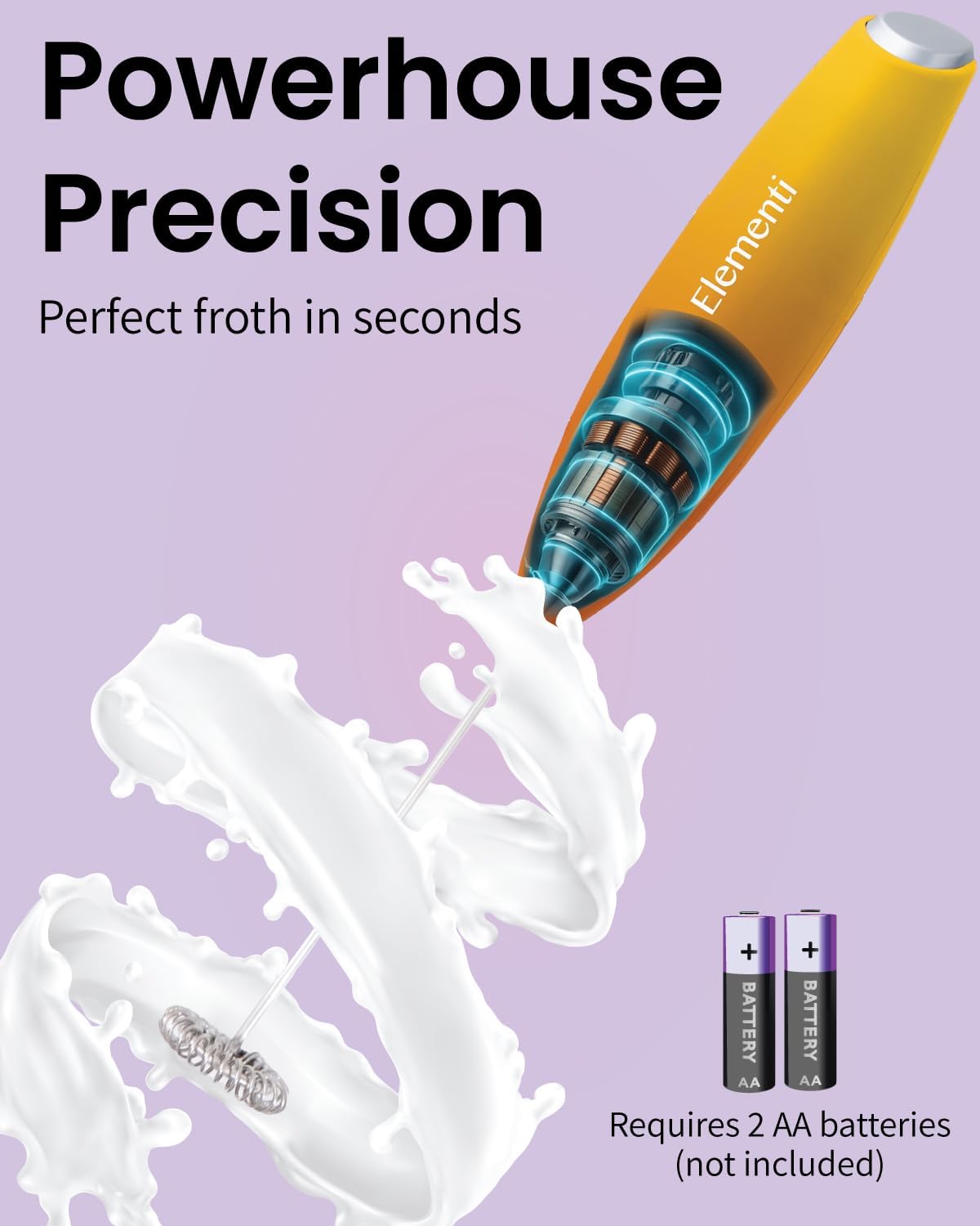 Elementi Milk Frother Wand & Drink Mixer with Stand - Powerful Coffee Frother Handheld Coffee Mixer Wand - Hand Held Milk Foamer to Make Perfect Cappuccinos, Lattes & Drink Mixes at Home (Sunrise)