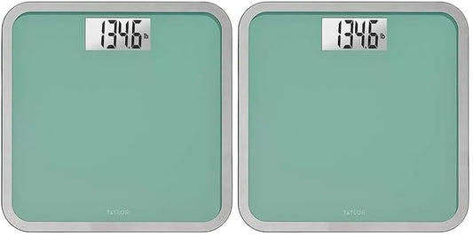Taylor Digital Glass Bathroom Scale for Body Weight, Large Durable Platform, Extra High 500 lb Capacity, Large 3.5"x1.7" White Backlit Display, Sea Foam Green (Pack of 2)